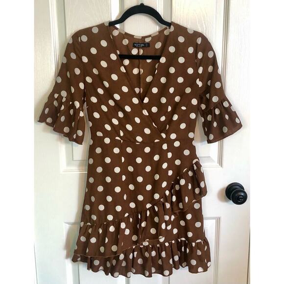 Nasty Gal You Dot This Brown & White Polka Dot Mini Dress Ruffle Detail: Size 4 - Picture 2 of 8